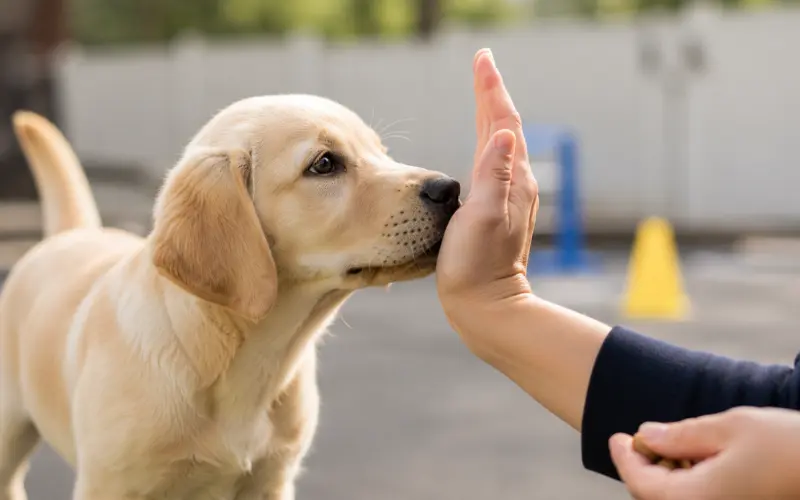 puppy-nose-touch-target-hand-training puppy performing nose-touch target training with trainer's hand