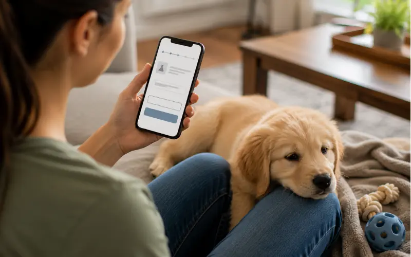 puppy-receipt-discount-code-checkout-moment hand holding phone showing a discount code entry screen near a puppy