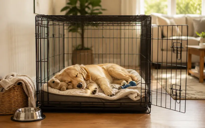 puppy resting comfortably in crate during training puppy resting comfortably in crate during training