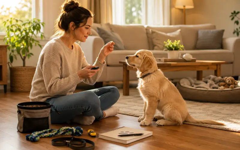 puppy-training-planning-positive-reinforcement Golden Retriever puppy during positive reinforcement training