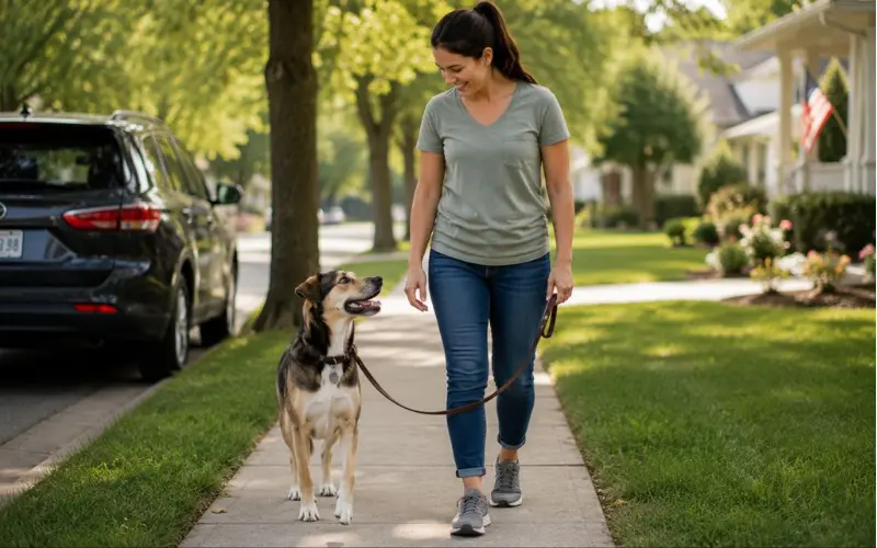 reactive-dog-calm-leash-walk-improvement reactive dog on leash showing improved calm behavior