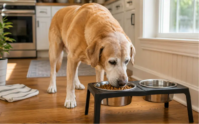 senior dog eating from elevated food bowl for joint comfort