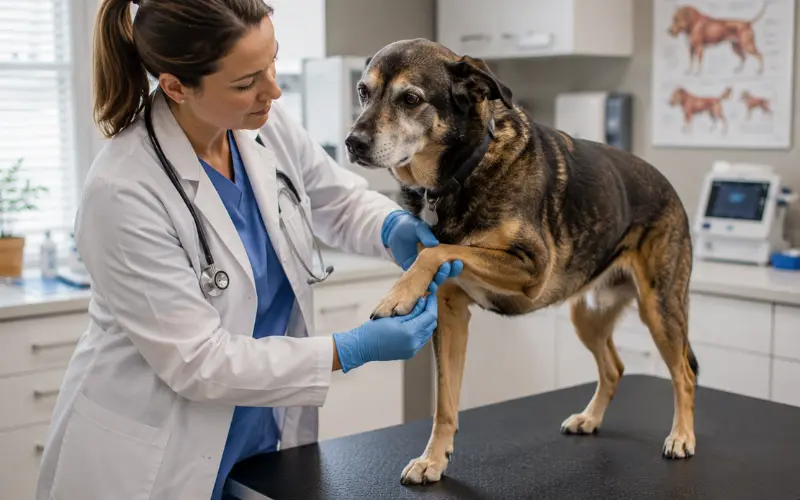 veterinarian examining senior dog for arthritis and joint pain