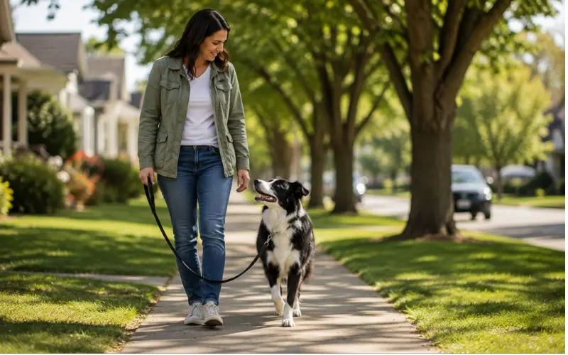Border Collie practicing leash training during outdoor session