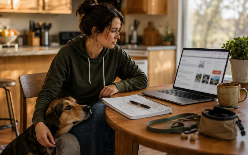 dog owner comparing different training programs with notes and laptop