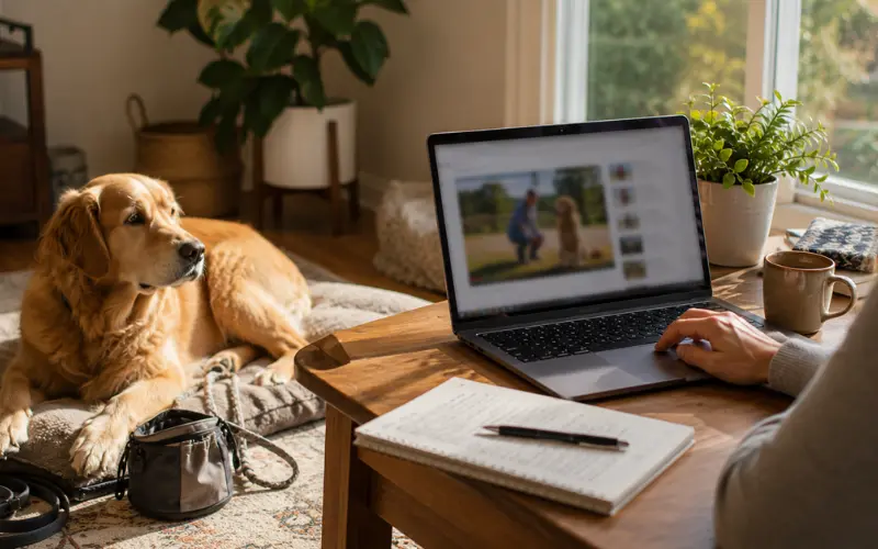 dog owner reviewing training program cost options
