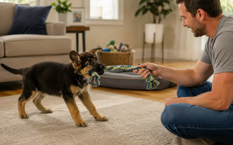 german-shepherd-bite-inhibition-training-toy german shepherd puppy practicing bite inhibition with a training toy