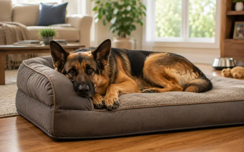 large-dog-bolster-bed-leaning-support large dog resting against bolster edge of dog bed