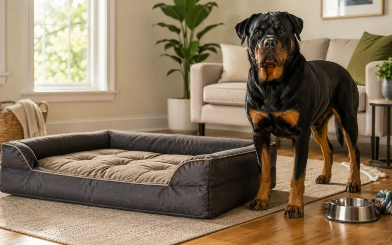 large-dog-testing-durable-bed-material large dog investigating durable dog bed material with mouth