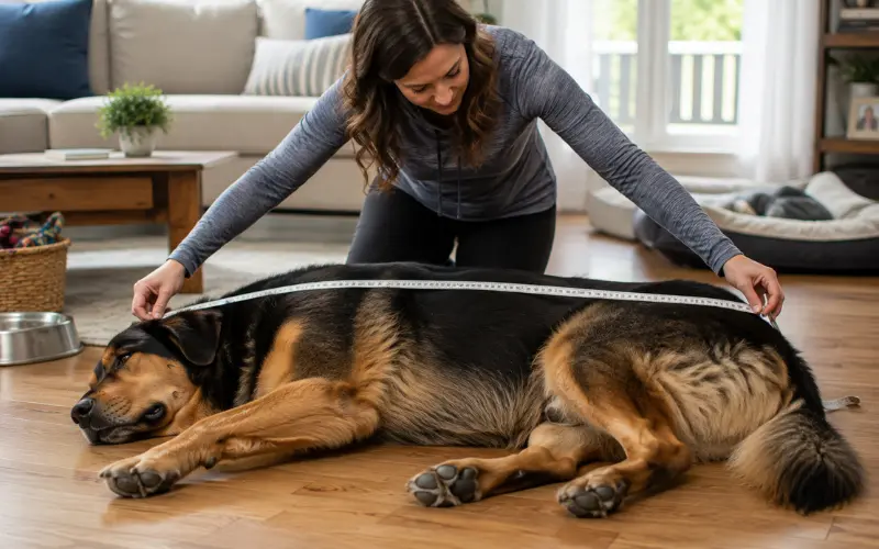owner-measuring-large-dog-for-bed-size owner measuring large dog to determine correct bed size