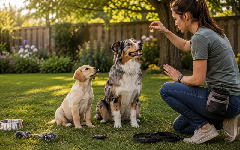 puppy and adult dog training together in backyard setting