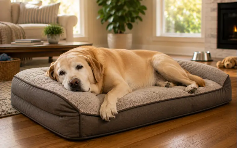 senior-dog-orthopedic-bed-joint-comfort senior large dog resting comfortably on orthopedic bed