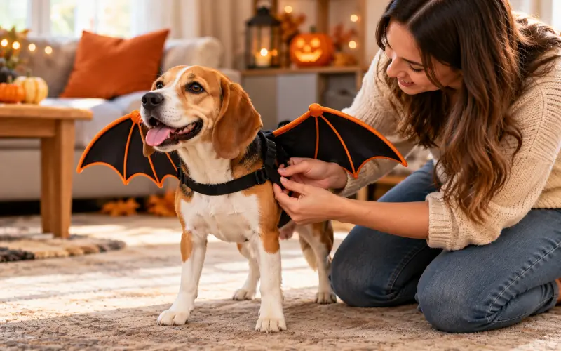 checking-dog-costume-fit-safety Owner checking the strap fit of bat wings on a calm beagle before Halloween