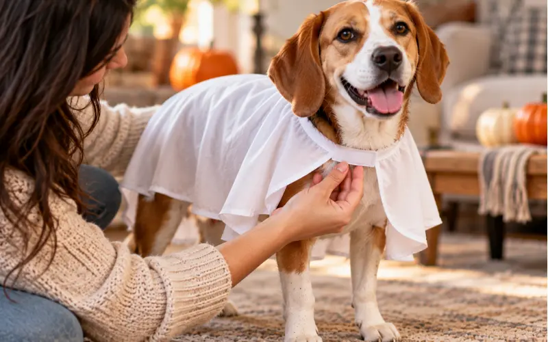 checking-dog-ghost-costume-fit Owner sliding two fingers under the chest strap of a dog's white ghost cape