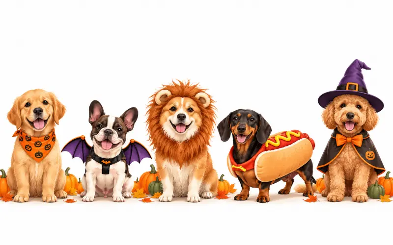 dog-costume-tolerance-levels-chart Illustration of five dogs showing costume tolerance levels from a simple bandana to a full costume with a hat
