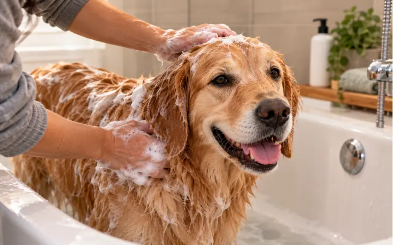 giving a dog a flea bath during first-hour treatment