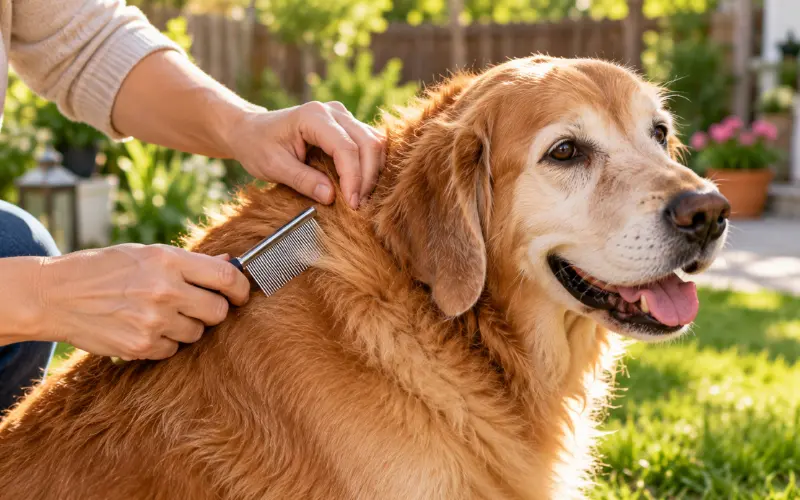 dog owner using flea comb during grooming outdoors