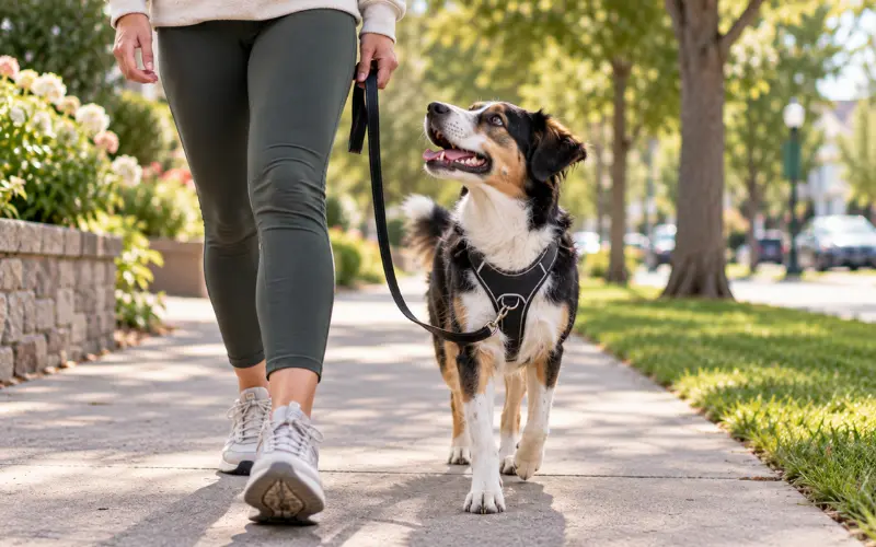 dog-front-clip-harness-loose-leash-walking dog wearing a front-clip harness on a loose leash walk