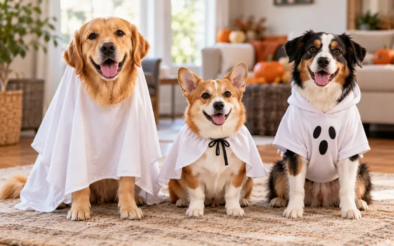 dog-ghost-costume-styles-compared Three dogs showing a ghost drape, a ghost cape, and a ghost-print hoodie side by side