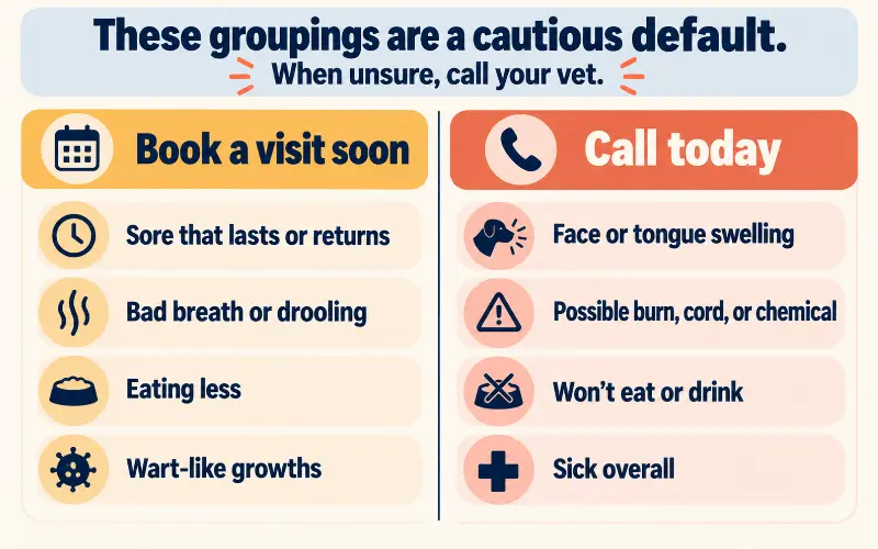 Two-column card comparing dog mouth sore signs to book a visit soon with signs that need a vet call today
