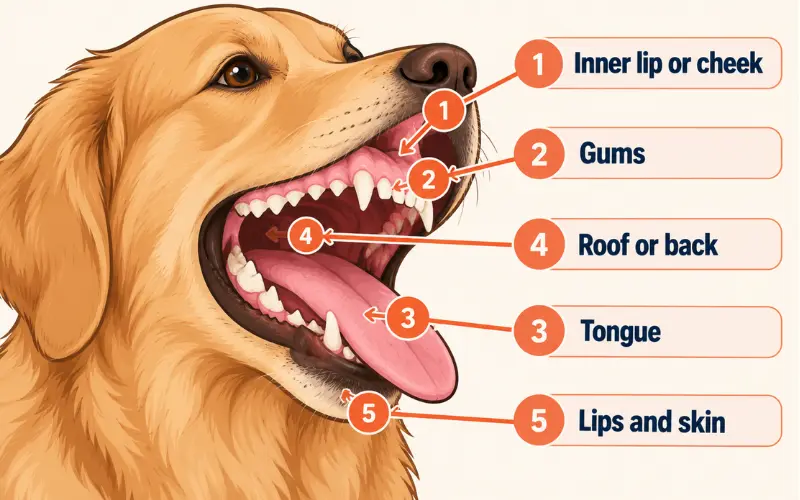 Illustration showing five places a dog mouth sore can appear: inner lip or cheek, gums, tongue, roof of the mouth, and lips