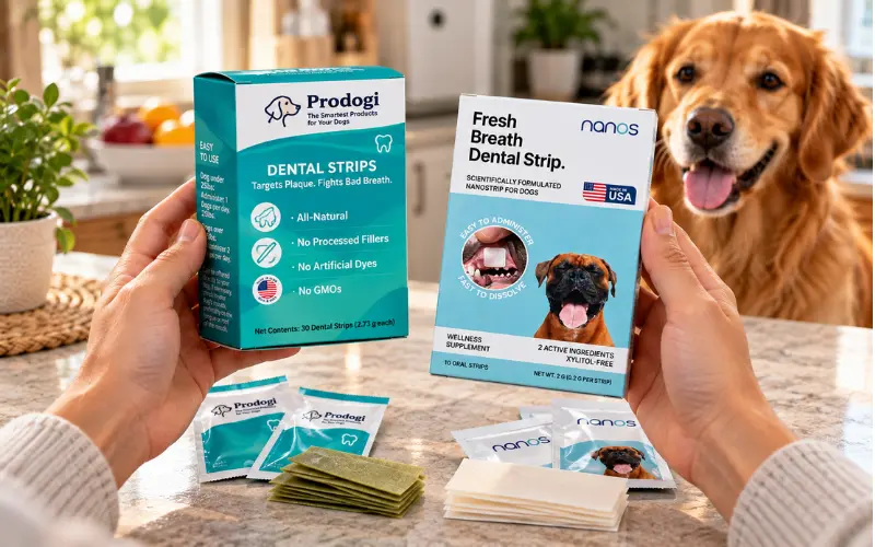 dog owner comparing dental strip products
