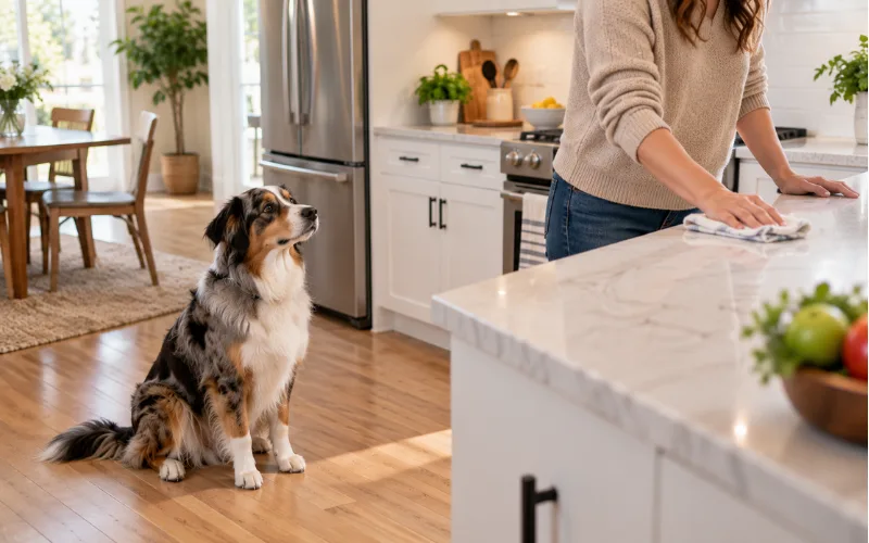 dog owner wiping down kitchen counter as part of training