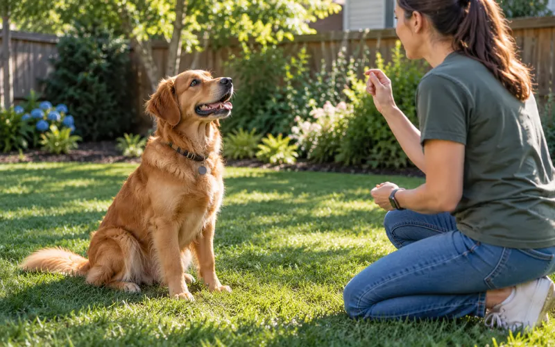 dog-owner-consistent-training-outdoors dog owner practicing calm greetings with dog outdoors