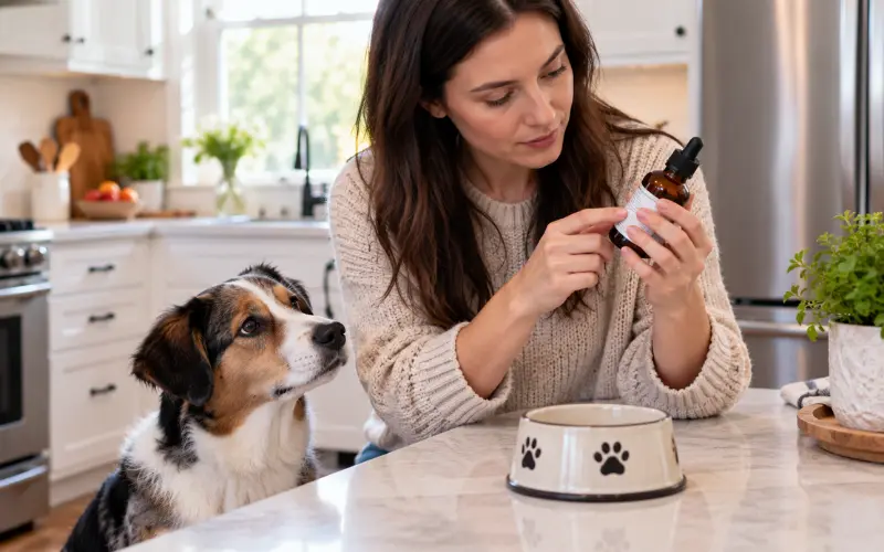 dog owner reading supplement ingredient label carefully