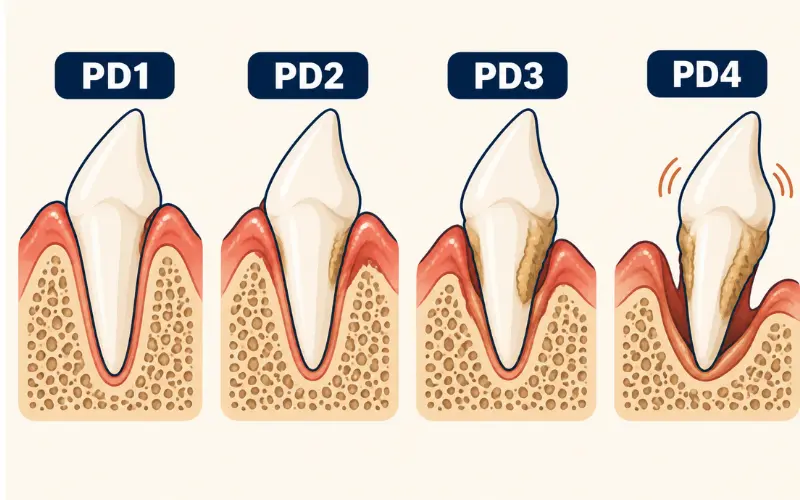 Simplified illustration of dog tooth decay stages PD1 to PD4, showing gum inflammation first and increasing bone loss around the tooth root