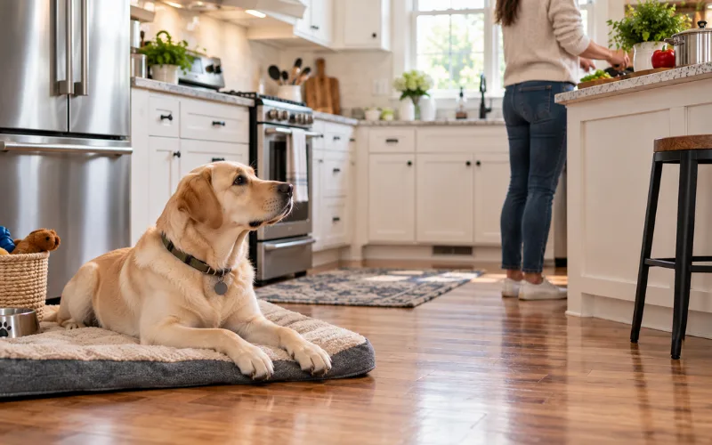dog lying calmly on a place mat while owner cooks