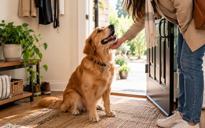 dog sitting calmly to greet a guest at the front door dog sitting calmly to greet a guest at the front door