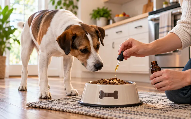 liquid dog supplement being added to food bowl
