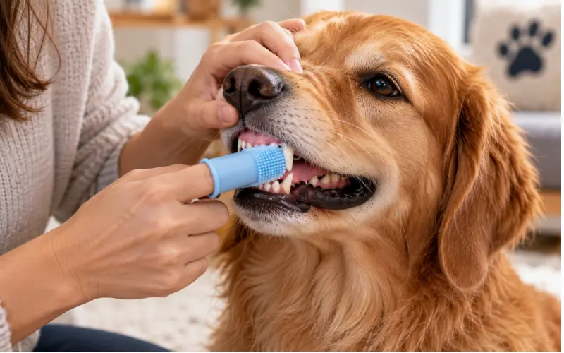 owner brushing dog's teeth at home for prevention