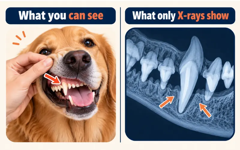 Split graphic comparing a dog's gum line visible at home with a stylized dental X-ray showing bone around a tooth root