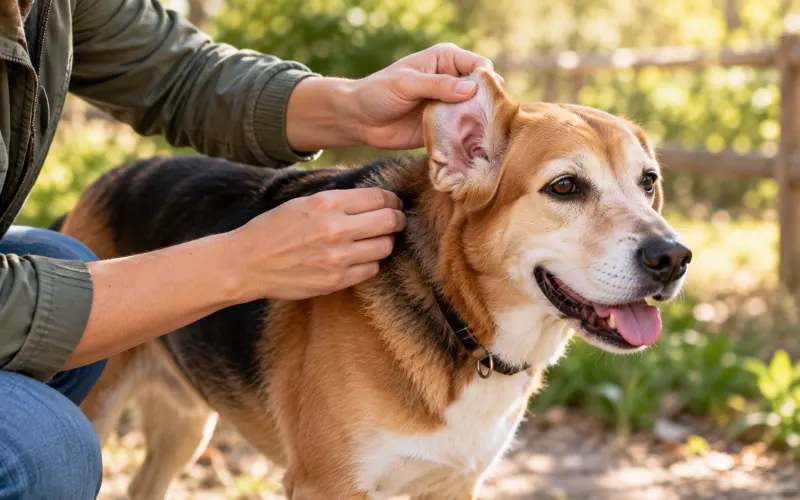 owner checking dog for ticks outdoors