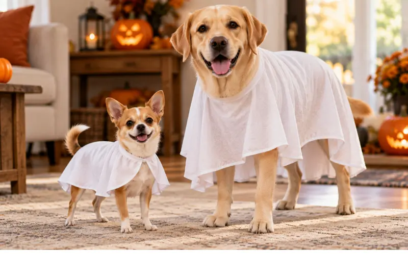 ghost-costume-small-vs-large-dog Small Chihuahua in a short ghost cape next to a Labrador in a fitted ghost drape