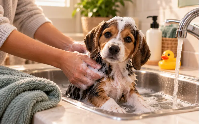 puppy-first-bath-gentle-warm-water puppy getting a gentle first bath in warm water