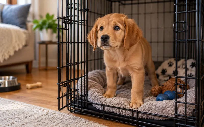 puppy showing signs of stress when left alone in crate