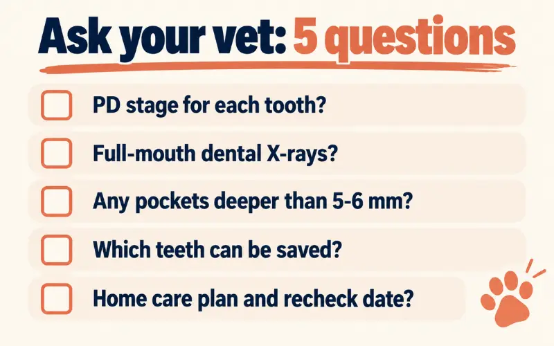 Checklist card titled "Ask your vet" listing five questions about a dog's dental stage, X-rays, pocket depth, savable teeth, and home care