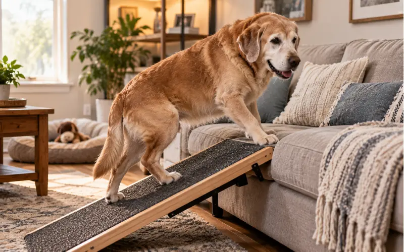 senior dog using a ramp and orthopedic bed at home