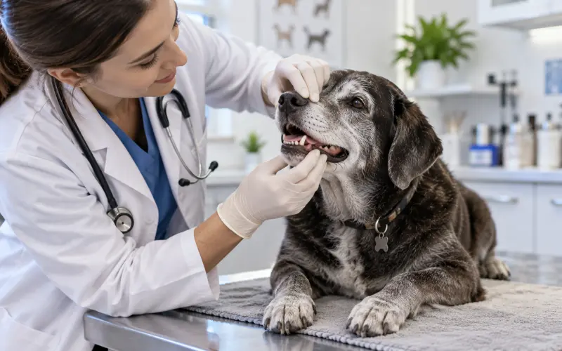 senior dog receiving a veterinary checkup exam