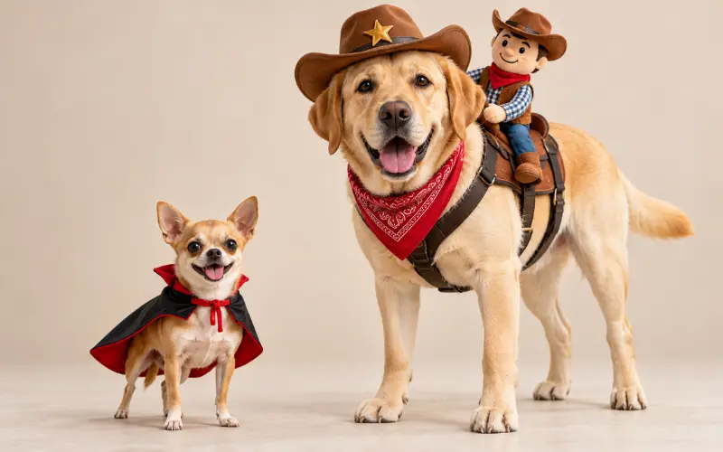 small-vs-large-dog-halloween-costume Small Chihuahua in a cape next to a large Labrador wearing a cowboy rider costume