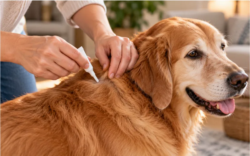 topical flea and tick treatment application on dog