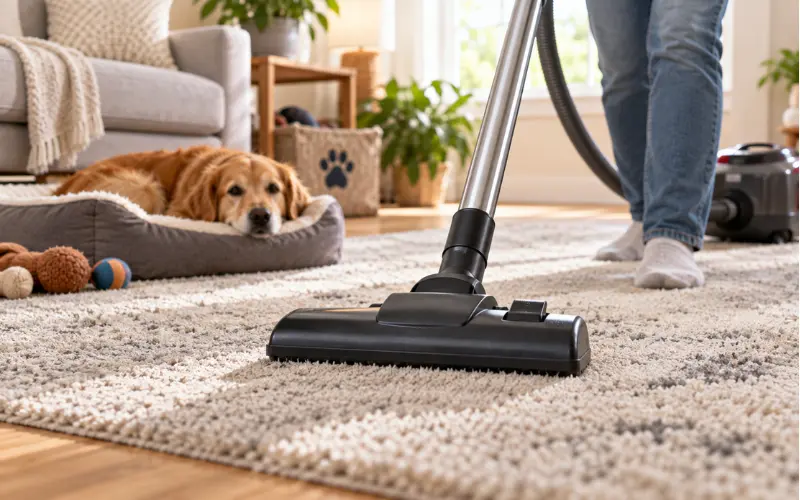vacuuming carpet to remove flea eggs and larvae