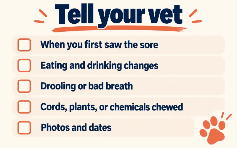 Checklist card listing what to tell your vet about a dog's mouth sore, including when it started, eating changes, and anything chewed
